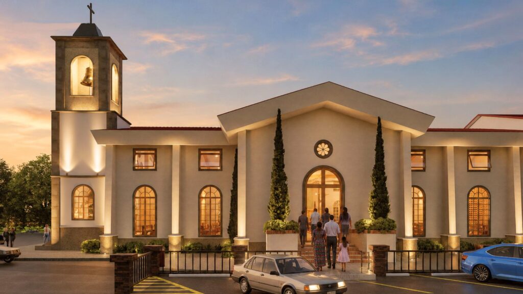 Render del acceso lateral del nuevo templo, con cipreses y ventanas en arco