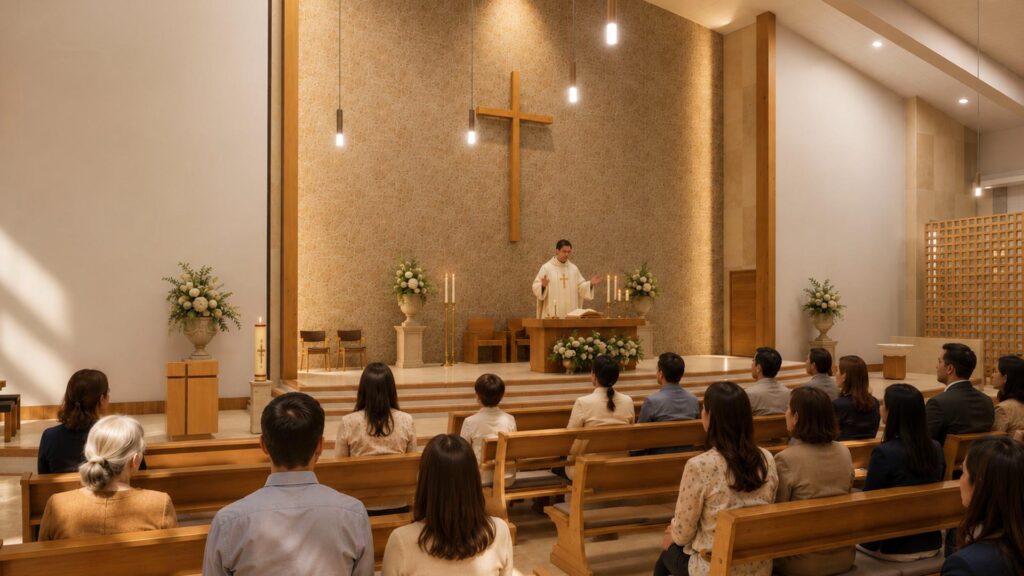Render de una celebración en el presbiterio del nuevo templo