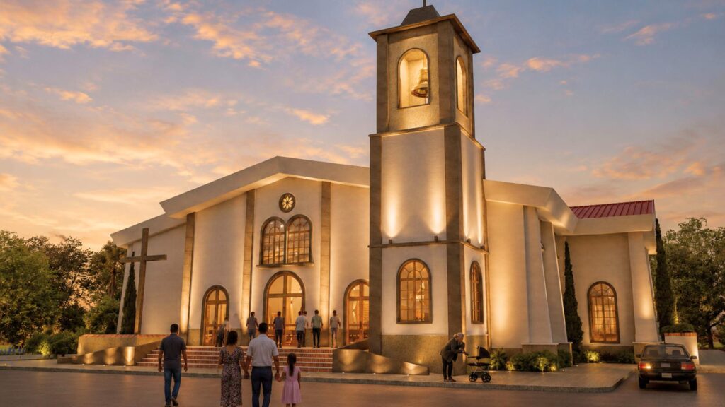 Render de la fachada principal del nuevo templo de la Parroquia Jesús Buen Pastor, con su campanario iluminado al atardecer