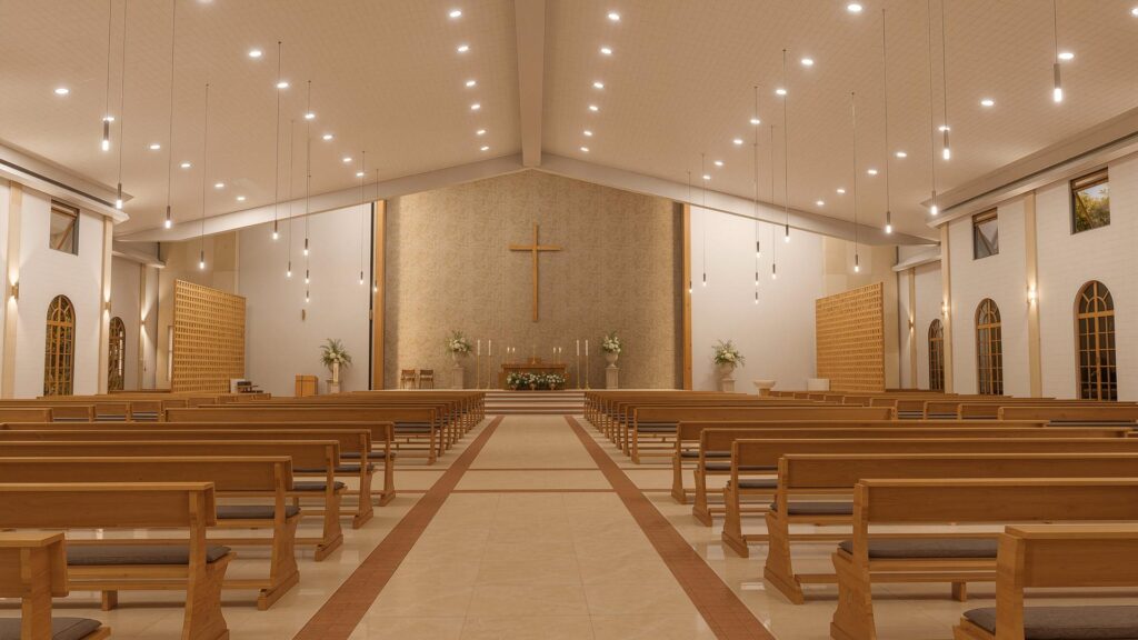 Render de la nave central del nuevo templo, con bancas de madera y la cruz al fondo