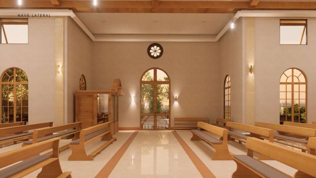Render de la nave lateral del nuevo templo, con confesionario y ventanales