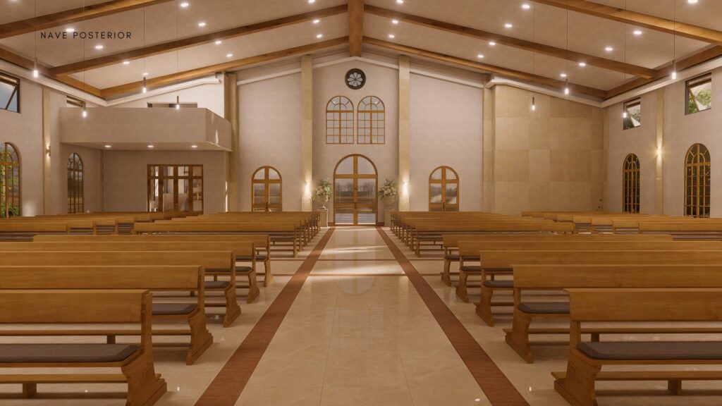 Render de la nave posterior del nuevo templo, con el coro y la puerta principal