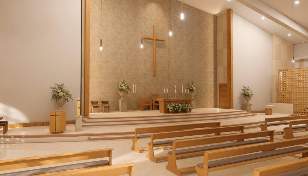 Render del presbiterio del nuevo templo: altar, ambón y cruz de madera